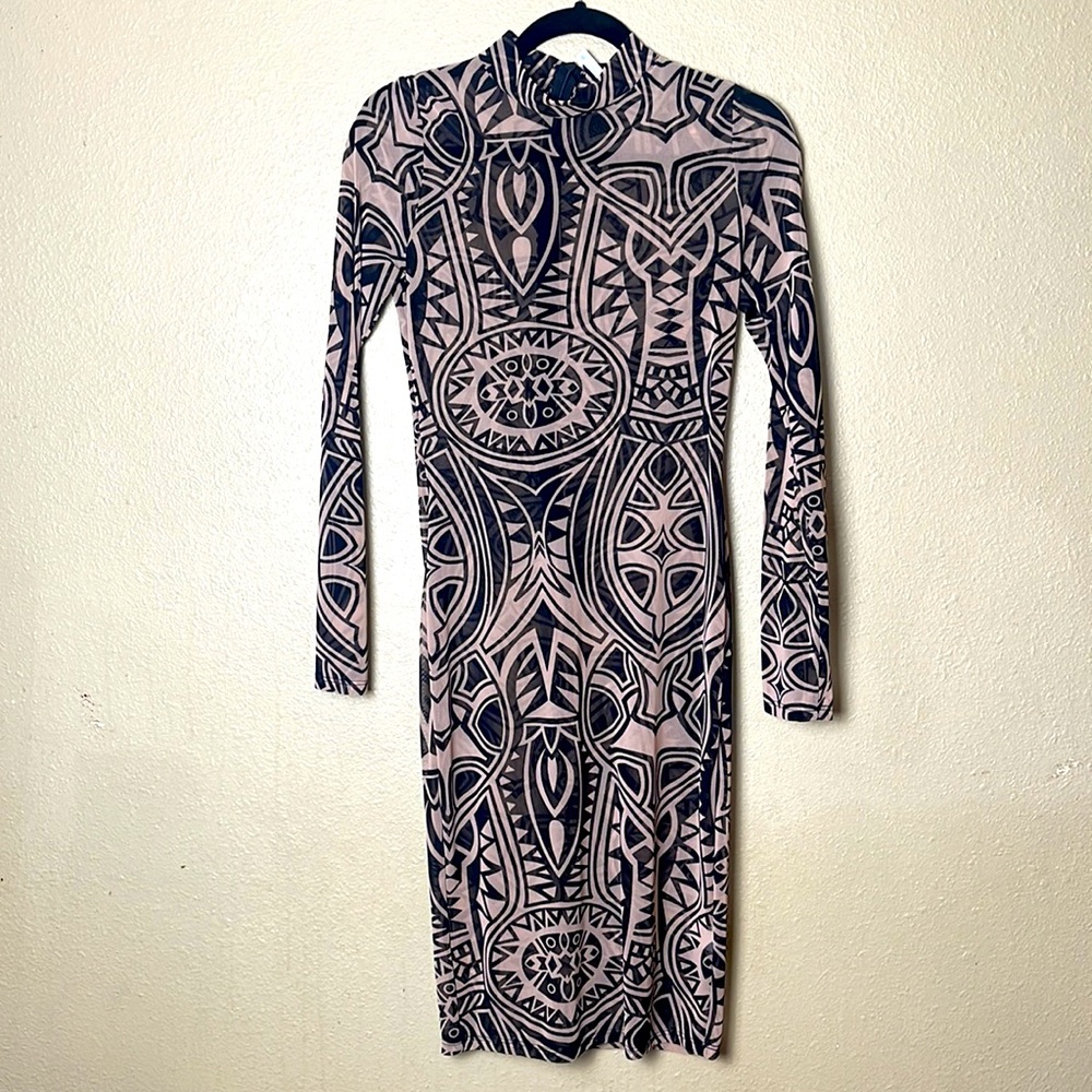 Tan and Black Abstract Sheer Dress